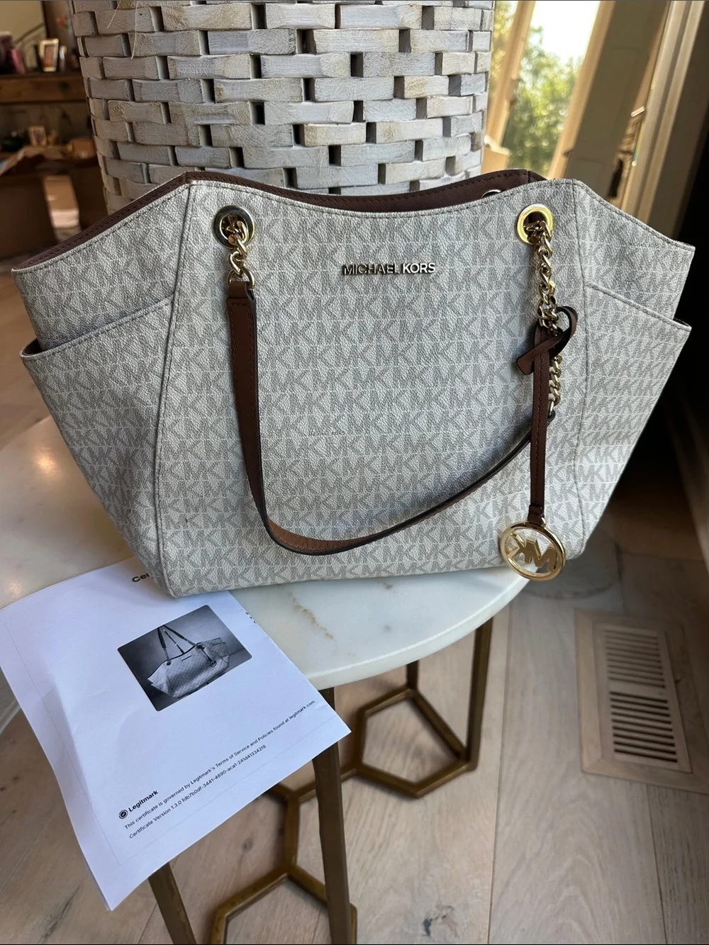 Michael Kors Beige Signature Canvas Tote with Brown Trim